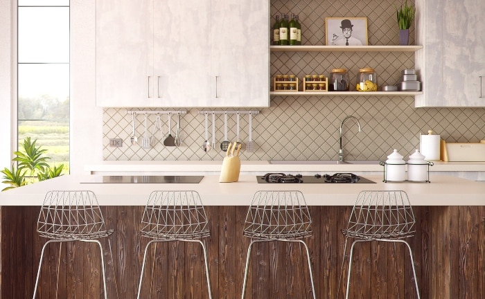 white and wood kitchen with metal high stools