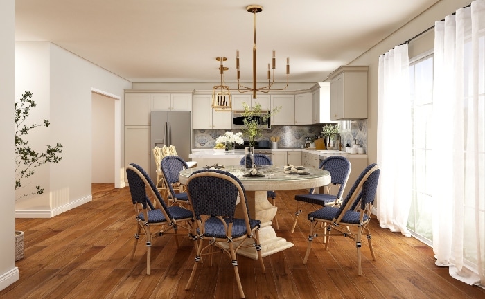 baroque dining table in kitchen, with blue chairs