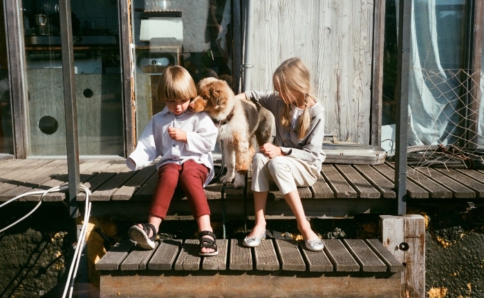niño y niña sentados en una escalera con un cachorro