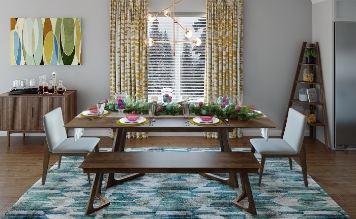 dining table in wood, with beige ancos and chairs, flower centerpiece and window with yellow curtains