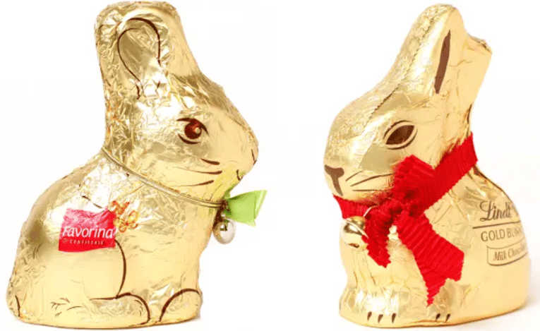 The LIDL chocolate bunny (left), compared to the original from Lindt (right)