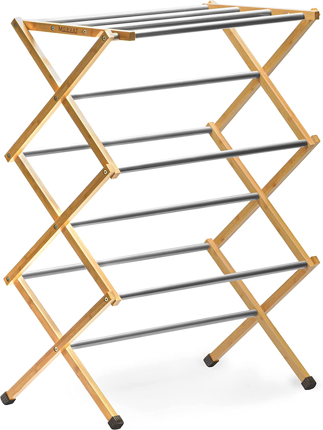 Morvat Premium Bamboo Folding Clothing Drying Rack with Metal Poles, from Amazon. 