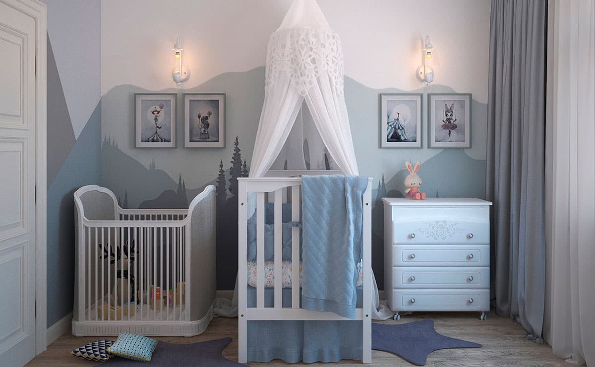 dormitorio de bebe blanco y azul