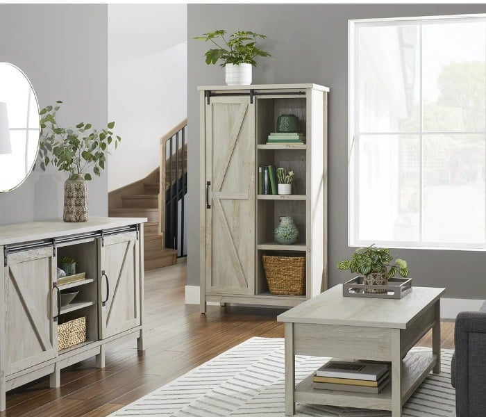 Better Homes & Gardens 66" Modern Farmhouse Bookcase Storage Cabinet, Rustic White Finish, from Walmart.