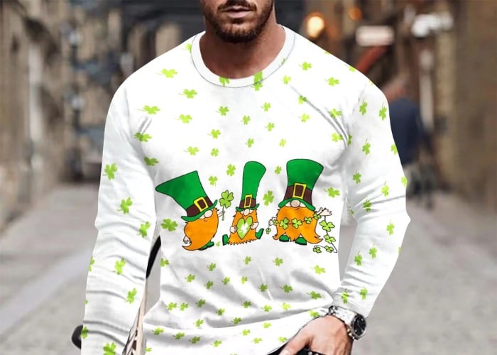 Mens St Patricks Day Shirts Long Sleeve Shamrock Sweatshirt Irish Clover T-Shirt Casual Round Neck Graphic Tees Tops