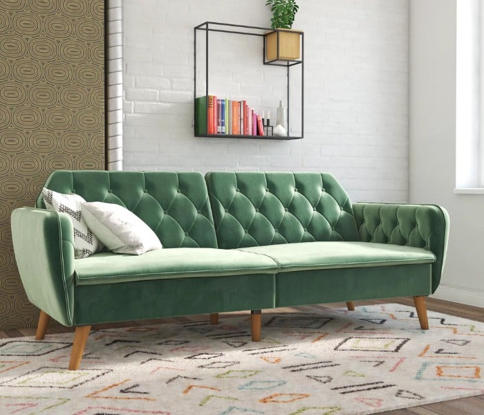 Novogratz Tallulah Memory Foam Futon and Sofa Bed, Light Green Velvet