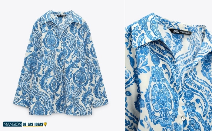 Camisa con estampado azul y crudo de Zara