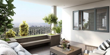 Terraza con banco corrido moderno