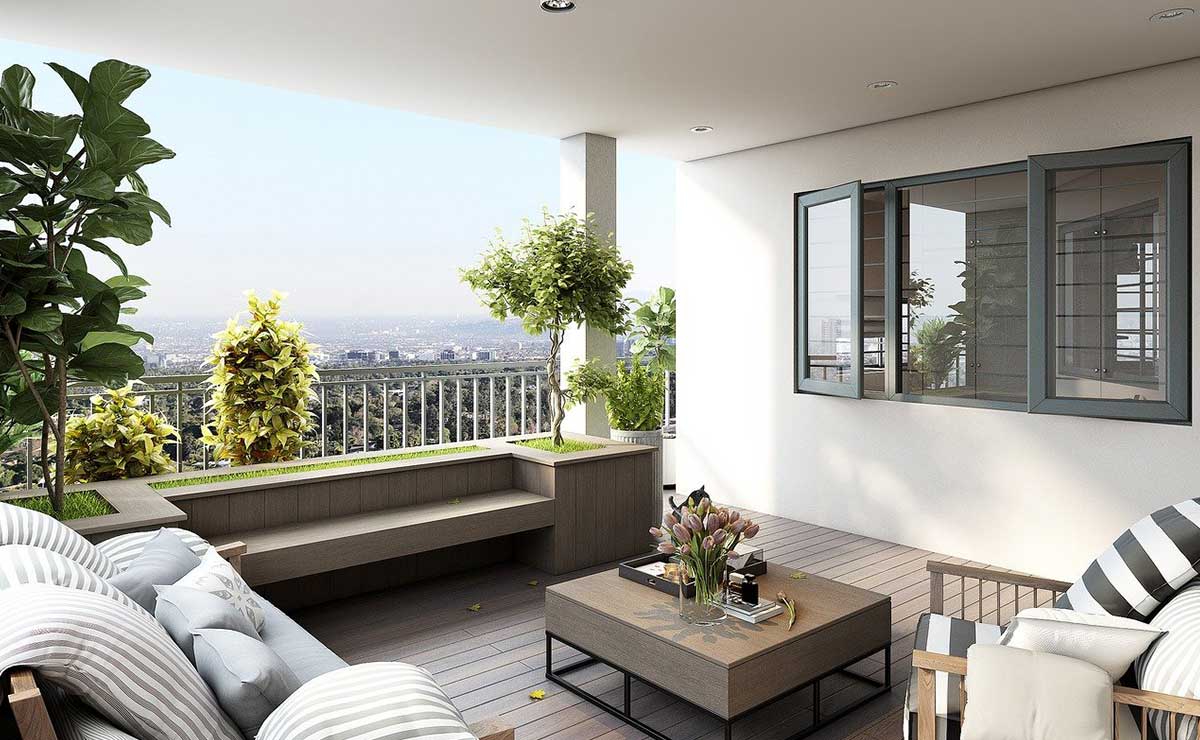 Terraza con banco corrido moderno